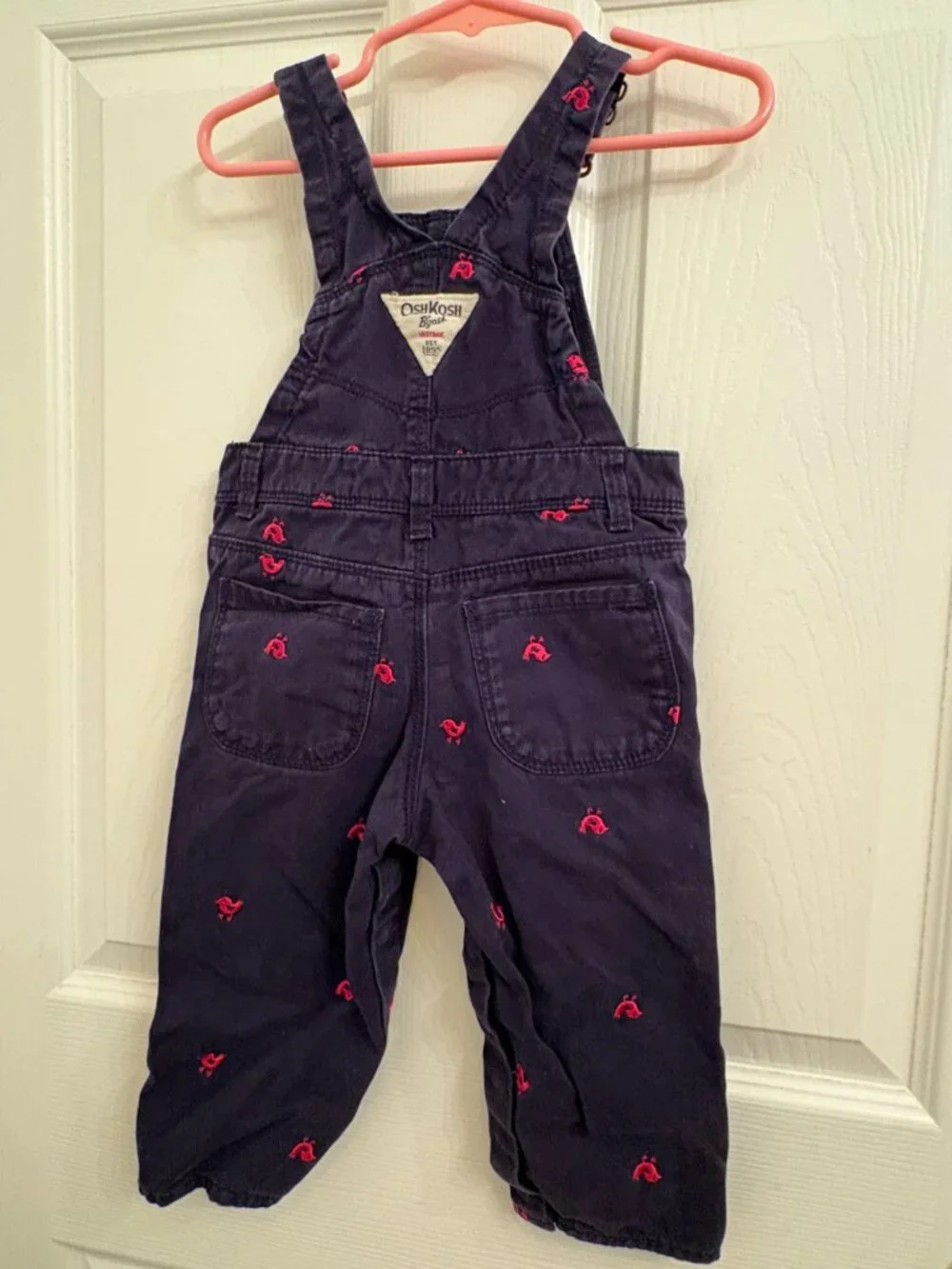 OshKosh B'gosh Blue Overalls Pink Bird Embroidered Snap Leg size 18 months